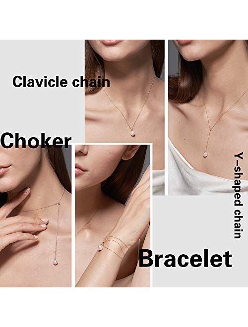 Cowlyn Y-Shaped Necklace Pearl Pendant 18K Gold Dainty Drop Long Chain Jewelry for Women Girls
