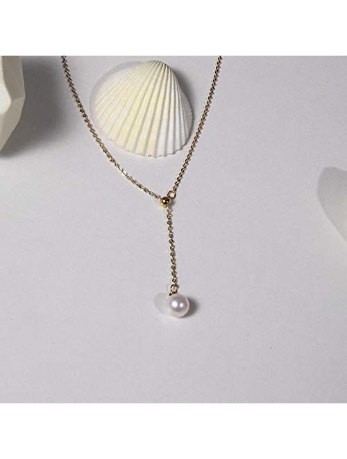 Cowlyn Y-Shaped Necklace Pearl Pendant 18K Gold Dainty Drop Long Chain Jewelry for Women Girls