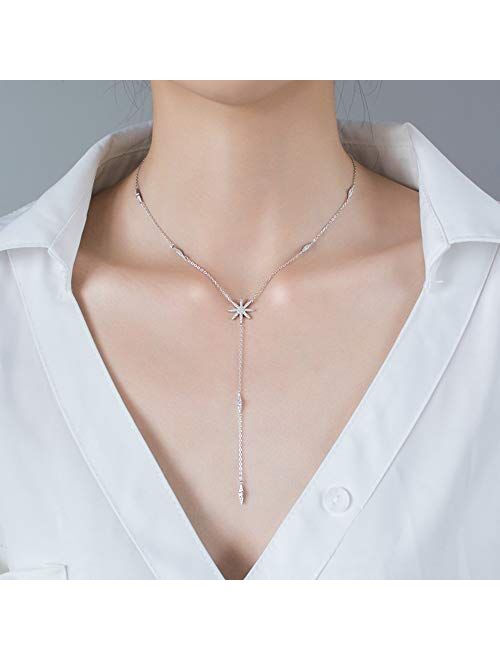 Dtja Crystal Star Drop Y Necklace for Women Girls S925 Sterling Silver 14K White Gold Plated Charms CZ Diamond Snowflake Starlet Bar Pendant Lariat Chain Delicate Huggie 