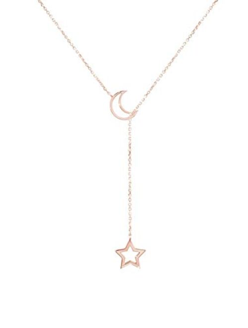 Tales In Gold Tiny Crescent Moon and Star Lariat Style Necklace, 9K 14K 18K Solid Gold, Yellow Gold, Gift For Her/code: 0.002