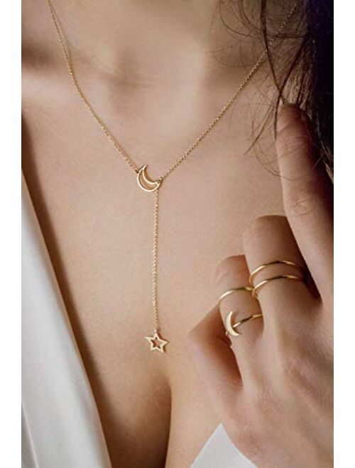 Tales In Gold Tiny Crescent Moon and Star Lariat Style Necklace, 9K 14K 18K Solid Gold, Yellow Gold, Gift For Her/code: 0.002