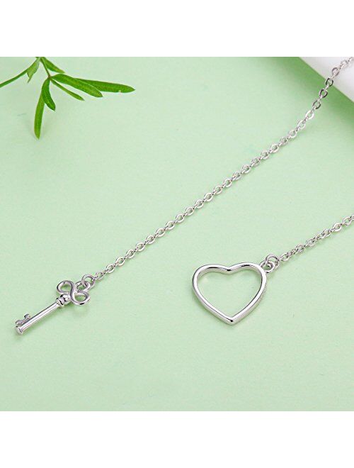 Presentski 925 Sterling Silver Y Lariat Necklace Chain Valentines Day Gift with Infinity Key Pendant,Love Heart Necklaces for Women Girls