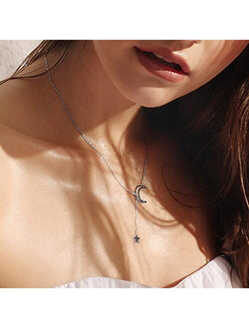 ZEGL Moon Star Necklaces for Womens Girls 18K White/Rose Gold-Plated Simple Crescent Pendant Y Necklace Lariat Jewelry Gifts for Her