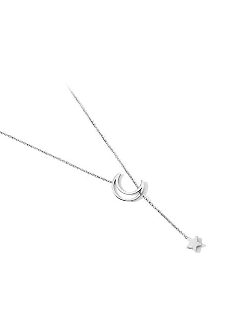 ZEGL Moon Star Necklaces for Womens Girls 18K White/Rose Gold-Plated Simple Crescent Pendant Y Necklace Lariat Jewelry Gifts for Her