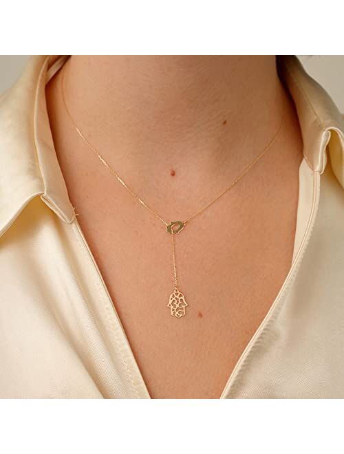 Gelin 14k Solid Gold Y-Necklace | 14k Yellow Gold Lariat Necklace for Women | Vertical Bar, Two Stars, Leaves, Rose, Hamsa Hand Pendant Necklace | Delicate Jewelry | Gift
