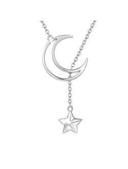 Agvana Sterling Silver Moon and Star Necklace for Women Dainty Crescent Pendant Y Lariat Necklace Anniversary Birthday Gifts for Women Girls Mom Lady Wife Daughter, 16"+2
