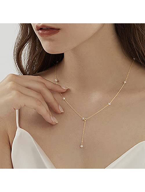 wenssacc Y Shaped Pearl Necklace 18k Gold Plated Freshwater Cultured Tiny Drop Pearl Necklaces Adjustable Long Chain Simple Dainty for Women