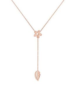 Tales In Gold Gold Flower and Leaf Lariat Style Necklace, Solid Gold Floral Necklace, 9K 14K 18K Rose Gold, Gift For Woman/code: 0.003