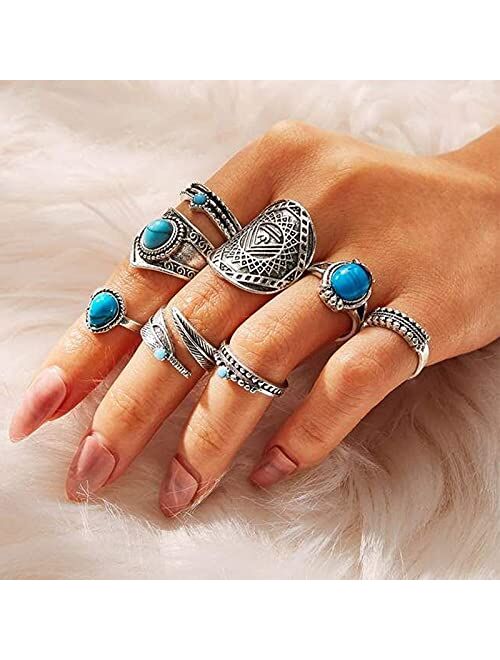 17 MILE 82 Pcs Vintage Silver Knuckle Rings Set for Women, Bohemian Stackable Joint Finger Rings, Retro Stone Crystal Stacking Midi Rings Pack