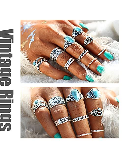 17 MILE 82 Pcs Vintage Silver Knuckle Rings Set for Women, Bohemian Stackable Joint Finger Rings, Retro Stone Crystal Stacking Midi Rings Pack