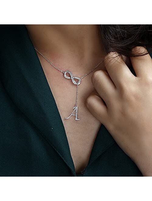 Cali Trove 925 Sterling Silver Diamond Infinity Lariat, Diamond Alphabet Pendant Necklace, Letter A To Z, 20"