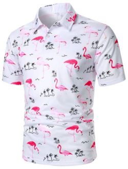 Men Flamingo Palm Tree Print Polo Shirt