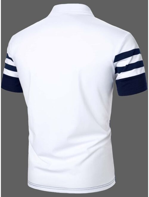Shein Men Two Tone Striped Half Button Polo Shirt