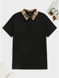 Men Contrast Plaid Collar Polo Shirt
