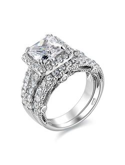 Wuziwen 4Ct Engagement Ring for Women Sterling Silver Cubic Zirconia Wedding Band Bridal Set
