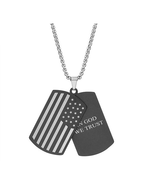 1913 Men's Two Tone Stainless Steel American Flag & "In God We Trust" Dog Tag Pendant Necklace