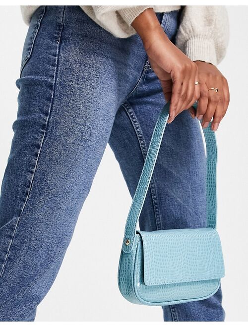 ASOS DESIGN shoulder bag with flap in blue croc