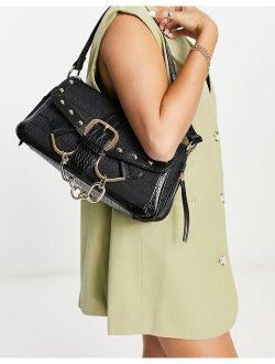 jacquard buckle shoulder bag in black
