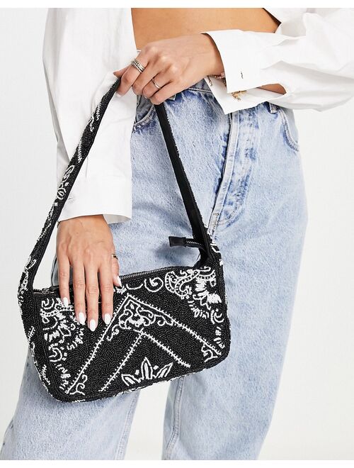 River Island paisley beaded shoulder bag in black