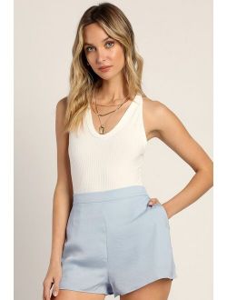 Extra Love Dusty Blue Satin High-Waisted Shorts