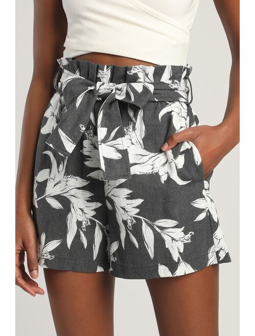 Lulus Flower Stance Washed Black Floral Print Paper Bag Waist Shorts