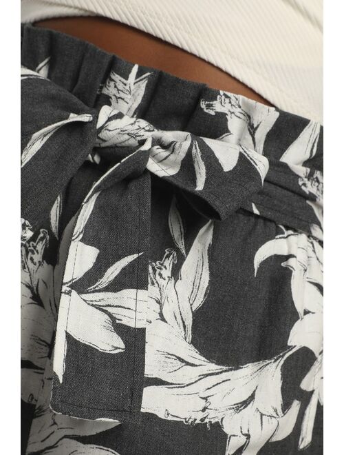 Lulus Flower Stance Washed Black Floral Print Paper Bag Waist Shorts