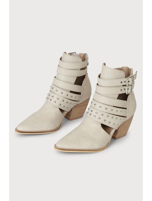 Lulus Angelou Sand Strappy Pointed-Toe Stacked Heel Boots