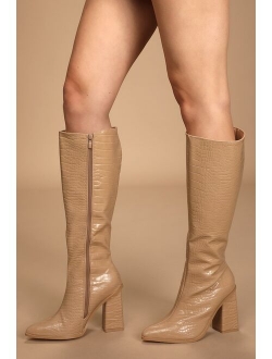 Rozalia Camel Crocodile-Embossed Knee-High Boots
