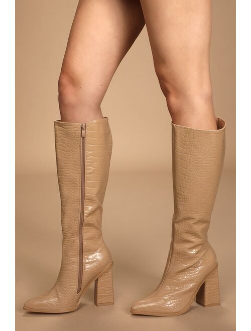 Lulus Rozalia Camel Crocodile-Embossed Knee-High Boots