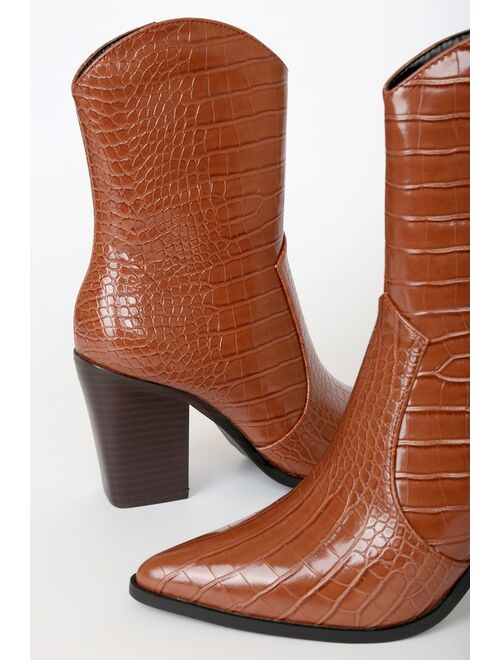 Lulus Eleora Brown Crocodile-Embossed Mid-Calf High Heel Boots
