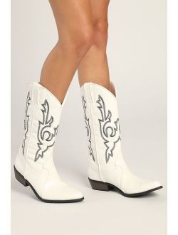 Matisse Amarillo White Crocodile Embossed Pointed-Toe Mid-Calf Boots