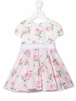 rose-print flared midi dres