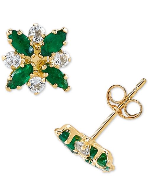 MACY'S Emerald (3/4 ct. t.w.) & White Topaz (1/3 ct. t.w.) Flower Stud Earrings in 10k Gold