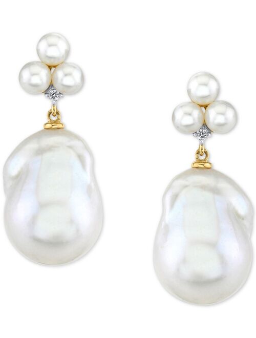 MACY'S Cultured Freshwater Baroque Pearl (13mm), Cultured Freshwater Pearl (4mm) & Diamond Accent Drop Earrings in 14k Gold