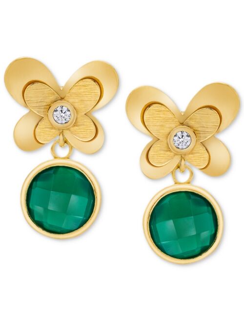 MACY'S Green Agate (3-3/8 ct. t.w.) & White Topaz (1/5 ct. t.w.) Butterfly Drop Earrings in 14k Gold-Plated Sterling Silver