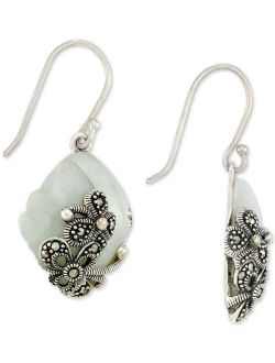 MACY'S Jade (15 x 20 x 4mm) & Marcasite Flower Drop Earrings in Sterling Silver
