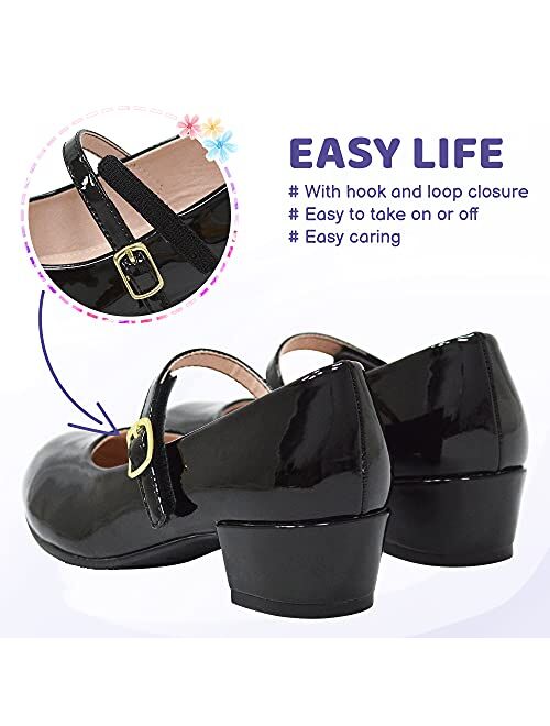 LseLom Girls Dress Shoes Low Heel Mary Jane Princess Hook and Loop Dance Shoes Party Wedding Flats for Little/Big Kids