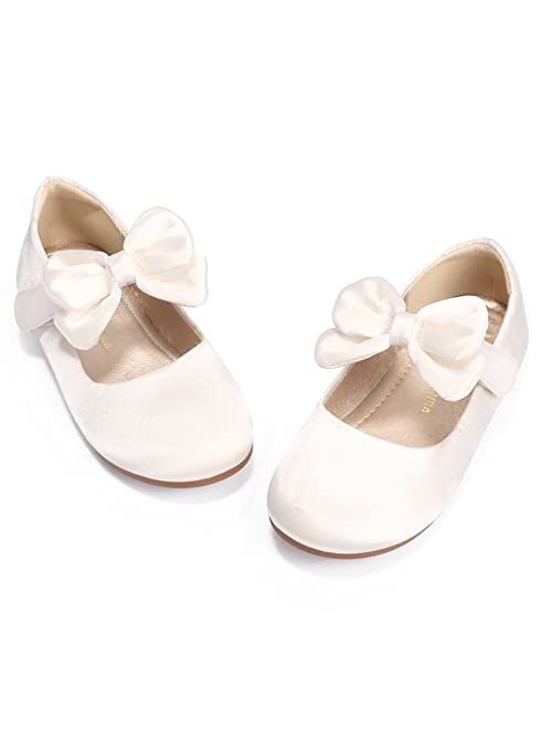 PANDANINJIA Toddler/Little Kid Girl's Angela Dress Mary Jane Ballet Flats Bow Flower Girl Wedding Party Ballerina Flat Shoes