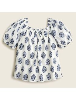 Girls' puff-sleeve top in gathered floral block print