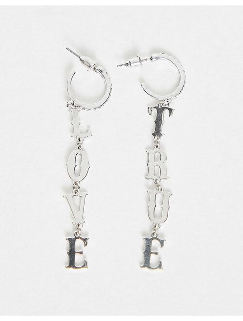 Topshop true love text drop earrings in silver