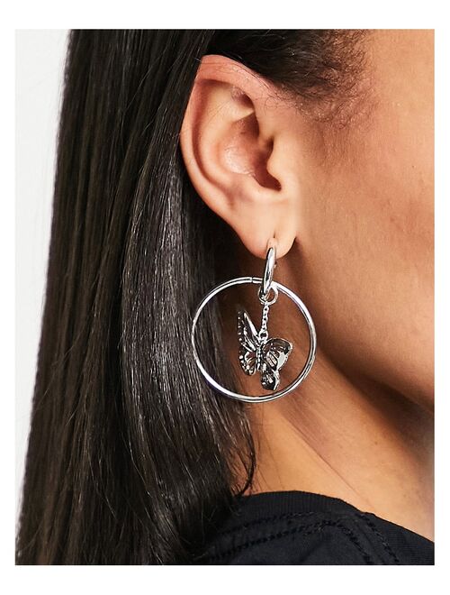 Topshop butterfly circle drop hoop earrings in silver