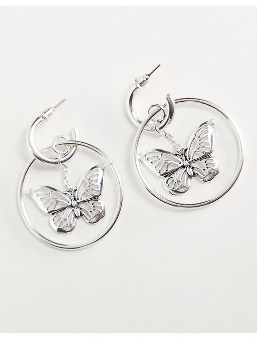 Topshop butterfly circle drop hoop earrings in silver