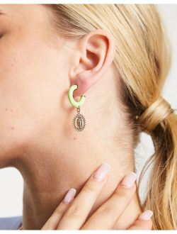 enamel and pave icon coin drop hoop earrings in lime