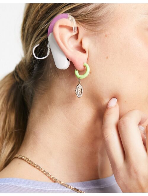 Topshop enamel and pave icon coin drop hoop earrings in lime