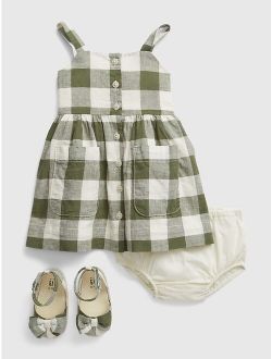 Baby Linen-Cotton Plaid Dress and Shoe Set