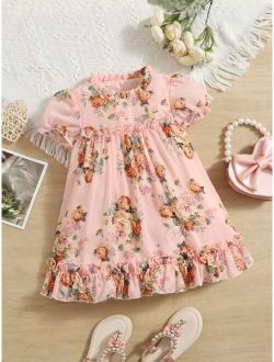 Baby Floral Print Ruffle Hem Smock Dress