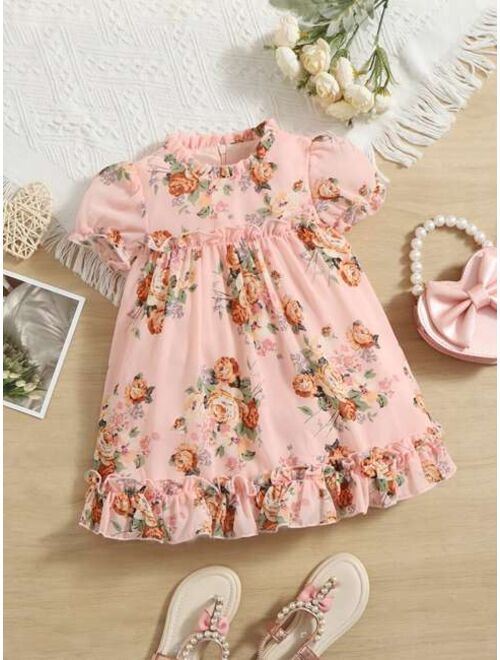 SHEIN Baby Floral Print Ruffle Hem Smock Dress