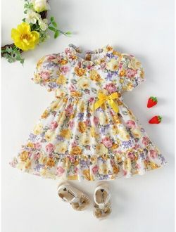 Baby Allover Floral Print Bow Puff Sleeve Dress