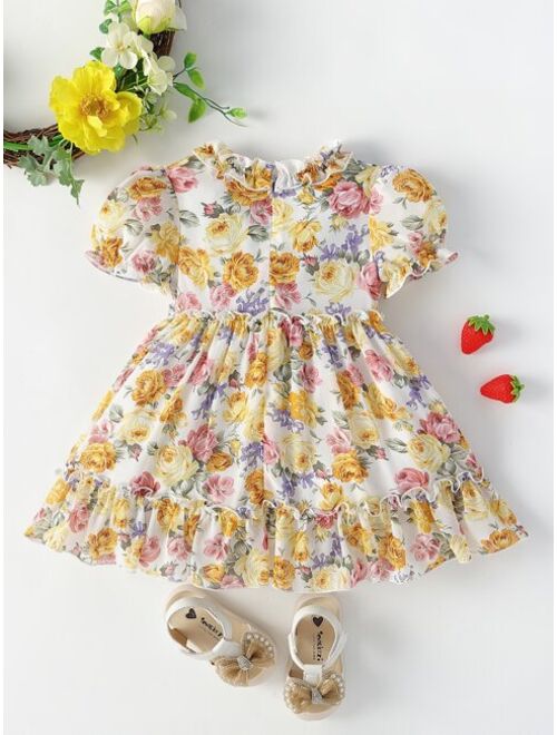 Shein Baby Allover Floral Print Bow Puff Sleeve Dress