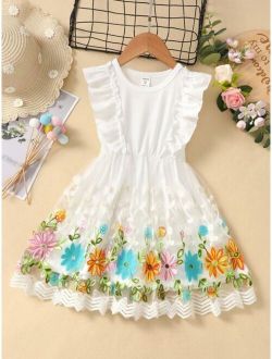Toddler Girls Floral Embroidery Mesh Panel Ruffle Trim Dress